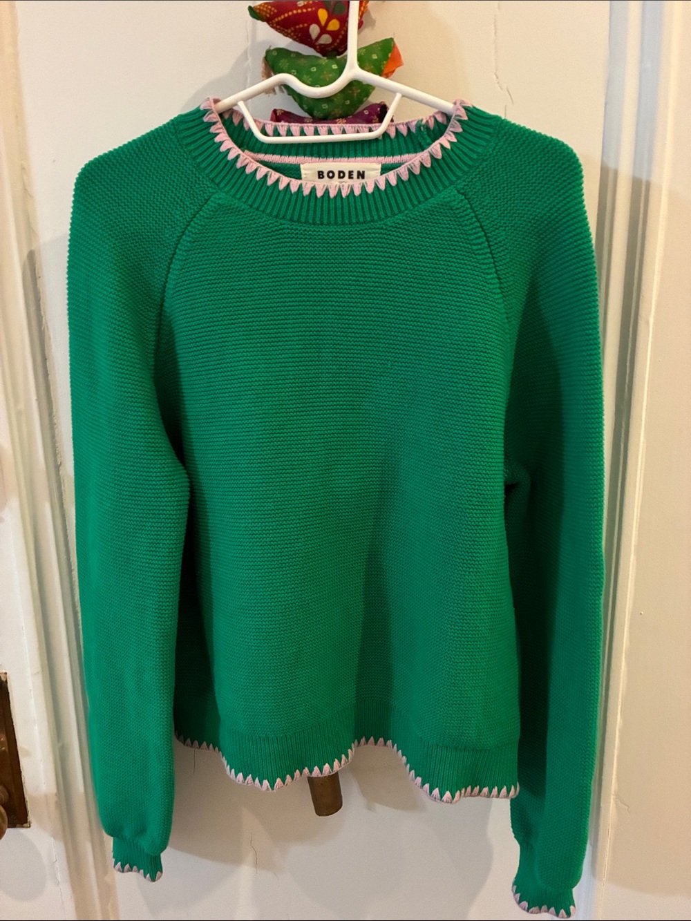 Boden Lena Stirch Jumper Green w/pink trim. Size XS